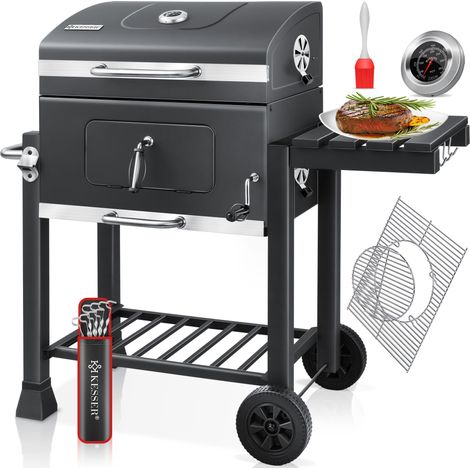 KESSER® Grill Grillwagen BBQ Smoker XL Holzkohlegrill mit Deckel, Rädern, Edelstahl-Griff, Grillrost und Thermometer, 8 Spieße mit Tasche & Silikon-Pinsel, Standgrill, Kohlegrillwagen (1/5)