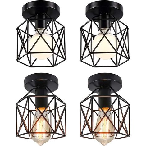 Lot de 4 Plafonniers Industriels, 15CM Lustre Fer Forge Noir Cage Suspension Luminaire pour Chambre Entrée Café Bar (4 pcs) (1/5)