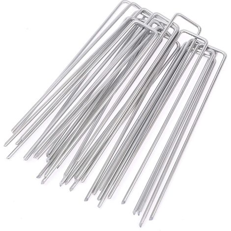 100 pezzi di picchetti di fissaggio in acciaio zincato, ancoraggi a U per terreno da giardino per tessuto anti-erbacce, 150x25 mm, Ø 3 mm, argento