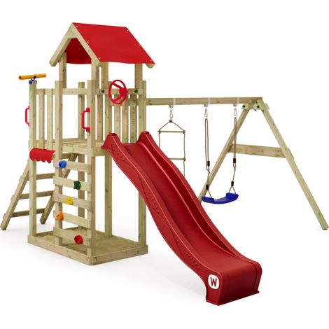 Parque infantil de madera Wickey MultiFlyer Light con Columpio y Tobogan para niños pequeños en rojo
