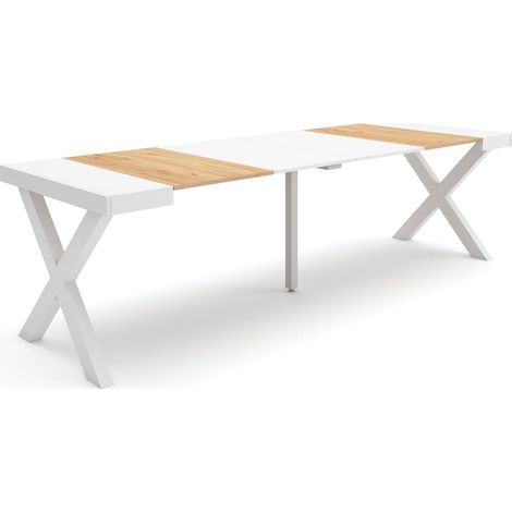 Skraut Home - Table console extensible, Console meuble, 260, Pour 12 personnes, Pieds bois massif, Style moderne, Chêne et blanc (1/5)