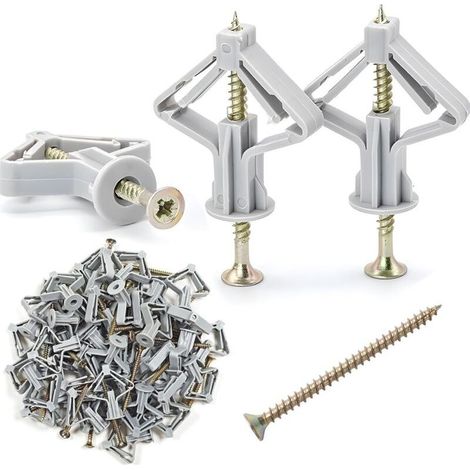 Butterfly Lot de 100 chevilles pour cloison sèche, plaques de plâtre avec vis autoforeuses de 50 mm, idéales pour les plaques de plâtre, les panneaux de fibres et les murs creux (50 chevilles + 50 vis (1/5)