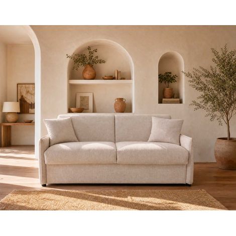 Adele - canapé 3 places convertible express couchage quotidien 140 cm matelas 14 cm en tissu texturé - beige (1/5)