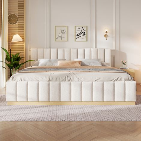Lit Double 180x200 cm Rembourré avec Tête de Lit Capitonnée et Sommier à Lattes, Design Arrondi, Chenille - Beige (Sans Matelas) (1/5)