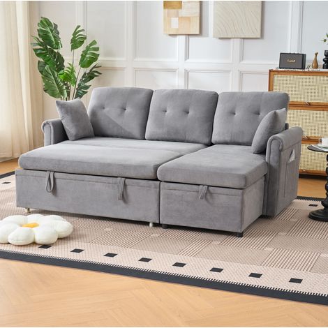 Divano angolare letto con contenitore in ciniglia grigio, reversibile, 206 x 130 x 85 cm (1/5)
