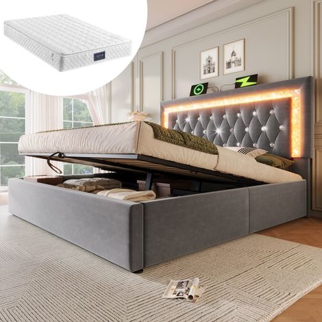 Lit double 160x200 velours, tête de lit LED diamant, recharge USB/Type-C, coffre hydraulique, sommier lattes, gris (avec matelas) (1/5)