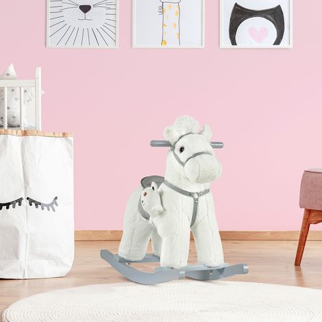 Cheval à bascule pour enfants en peluche et bois avec sons et ours en peluche inclus - 65x26x55cm - pour les enfants de 18 à 36 mois - blanc