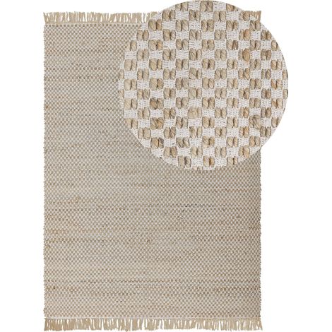 Tapis 140 x 200 cm Beige en Jute et Coton Durable Avec Motif Carreaux pour Chambre et Salon au Style Boho et Rustique Beliani