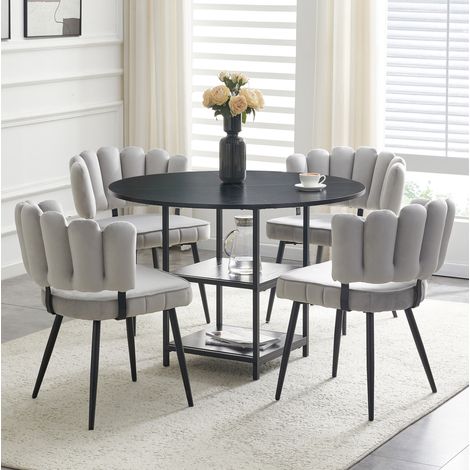 Conjunto de comedor con mesa redonda de 107 cm y 4 sillas, 2 estantes, negro y gris claro DESVIAE (1/5)