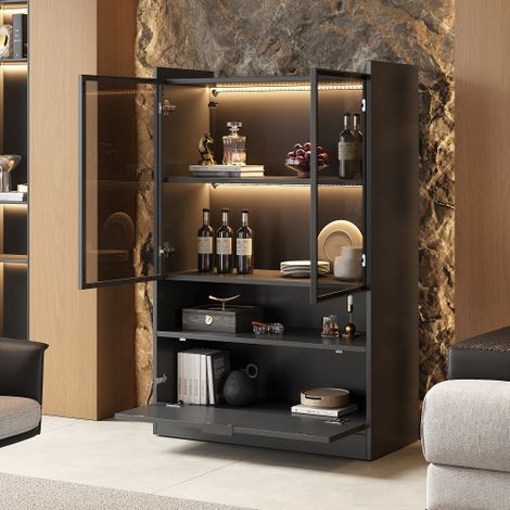 Vitrine lumineuse moderne en verre, 120 cm, finition noir mat, éclairage LED intégré contrôlable via application, porte relevable et portes vitrées, meuble de salon en panneaux de particules