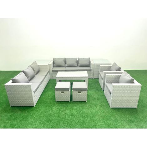 Fimous Outdoor Garden Furniture Rattan Sofa Set with 2 Armchairs Oblong Coffee Table 2 Small Footstools 2 Side Tables Light Grey Mixed