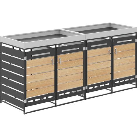 Armoire de stockage pour poubelles avec jardinière intégrée, métal noir traité anti-rouille, 4 compartiments ventilés (1/5)