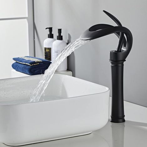 Robinet Lavabo Noir Haut Cascade Bec Haut Mitigeur Lavabo Noir Cascade Haut Robinetterie Salle de Bain Noir Cascade Mitigeur Salle de Bain,Noir,Haut (1/3)