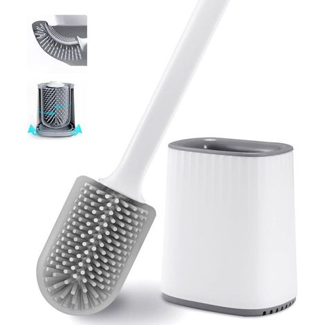 Brosse WC, Brosse de Toilette, Brosse Toilettes WC Suspendue en Silicone avec Support, Fixation Murale & Debout Balayette WC Séchage Rapide avec Base de Filtre à Eau (Blanc)
