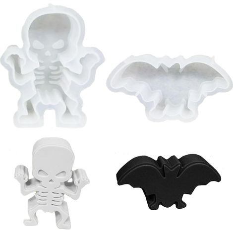 Lot de 2 moules en silicone pour Halloween, chocolat, Halloween, fantôme, bougies en silicone, moules de Noël (squelette + chauve-souris) (1/5)