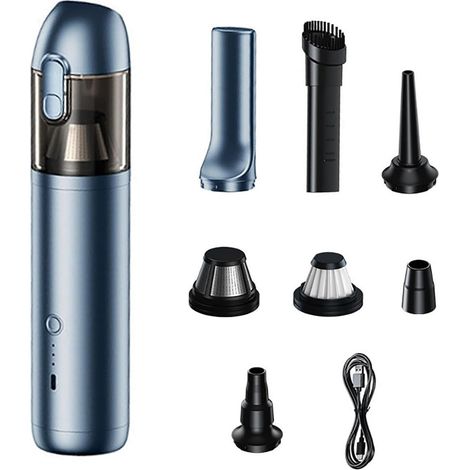 Mini aspirateur de voiture bleu, aspirateur à main sans fil, puissant (16 000 Pa), batterie longue durée (6 000 mAh), silencieux, idéal pour la voiture, la maison et les voyages. (1/5)