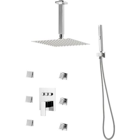 Mophorn Sistema de ducha moderno con cabezal de lluvia de 25 cm, 6 rociadores corporales, cabezal giratorio de 3 funciones, válvula de latón y kit decorativo, acabado cromado (1/5)