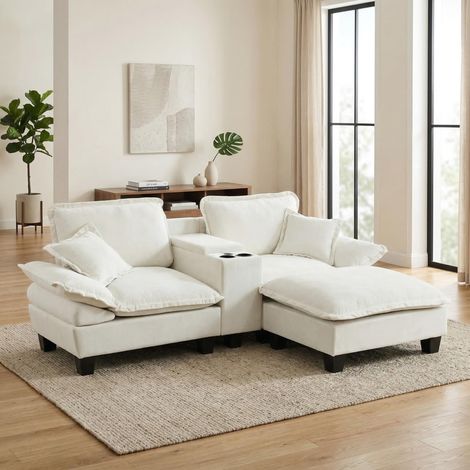 Canapé d’angle Chenille Beige 224x151x90 cm, modular mit Ottomane, USB-Anschluss und Stauraum (1/5)