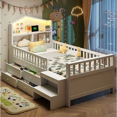 Lit enfant 90 x 200 cm avec barrières de sécurité, tiroirs, escalier, LED et USB/Type-C blanc HAVRYA (1/5)