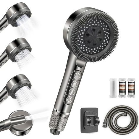 Gros Pommeau Douche Anti Calcaire Haute Pression, Pommeau de douche avec Filtre Economie Deau avec Tuyau Douche 1.5M et Support de Douche, 4 Types de Jets Pommeau De Douche avec Bouton D'arrêt D'eau (1/5)