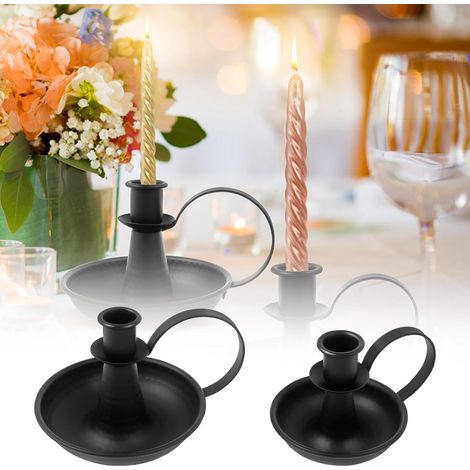 JSSEVN-Lot de 2 bougeoirs en fer avec poignée incurvée - Noir - Rétro - Bougeoirs décoratifs - Pour maison, mariage, fête (noir) (1/5)