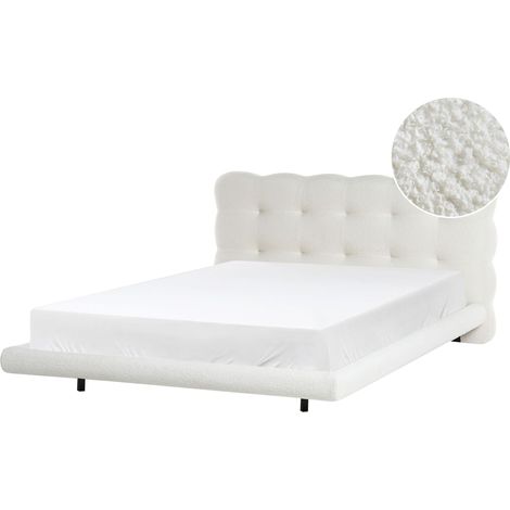 Bed Frame Off-White Boucle Upholstery Tufted Headboard Slatted Base EU Double Size 4ft6 Metal Legs Modern Design SOULISSE (1/5)