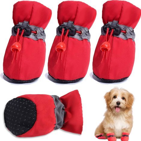 Set di 4 scarpe per cani, stivaletti protettivi per le zampe con cinturini riflettenti, scarpe antiscivolo per cani di piccola e media taglia (rosse) (1/5)