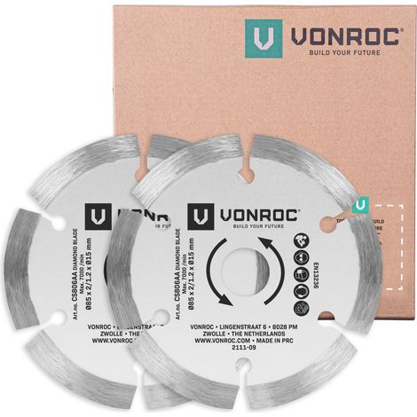 Vonroc – Lames diamant 85mm – Alésage 15mm – 6 segments pour pierre et céramique – Lot de 2 – Découpes à sec