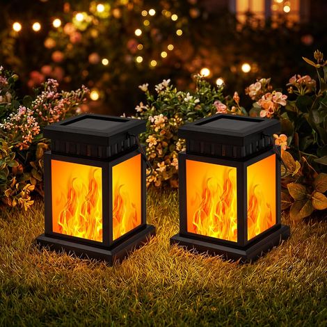 Lot de 2 lampes solaires à suspendre pour l'extérieur, Effet de flamme, Étanche IP44, Décoration de jardin pour l'extérieur, Résistant aux intempéries, Lampes solaires pour patio (1/5)