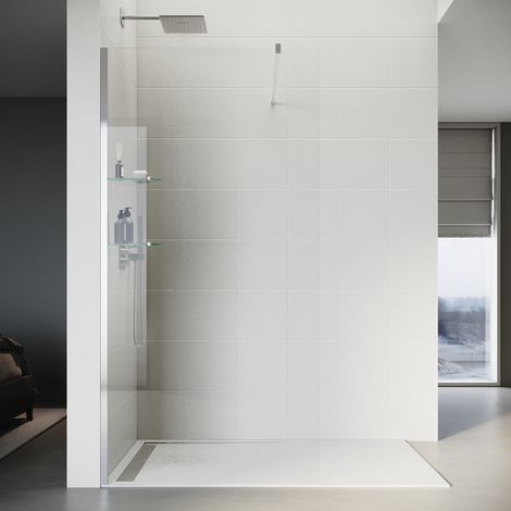 SONNI Walk-In Duschwand aus 8 mm Klarglas mit Zwei 8mm Dreieckigen Glasablagen und 100 cm Stabilisierungsstange, 100 x 200 cm (1/5)