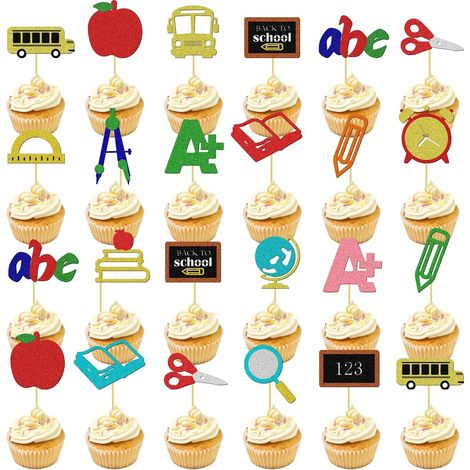 Set di 24 decorazioni per torte a tema ritorno a scuola, decorazioni per cupcake per la laurea, graziose decorazioni in carta glitterata, ideali per il ritorno a scuola. Decorazioni per cupcake (1/5)