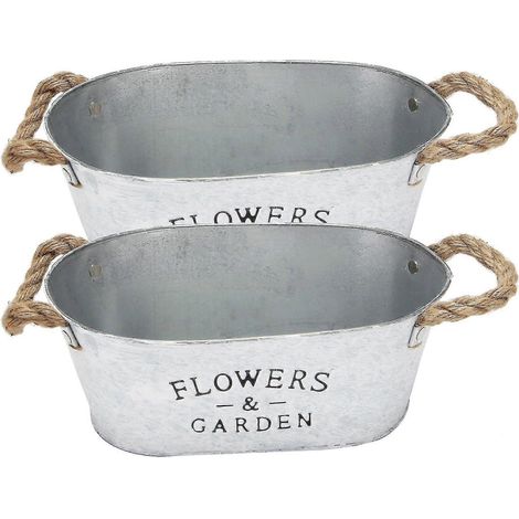 Ensemble de 2 jardinières rustiques en métal avec poignées, style ferme, pour plantes succulentes et herbes aromatiques.