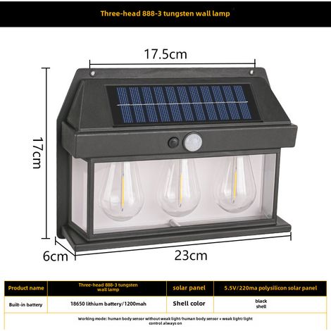 Aplique de pared solar con sensor de movimiento, función de luz cálida automática y cable de tungsteno (3 unidades, negro). (1/5)