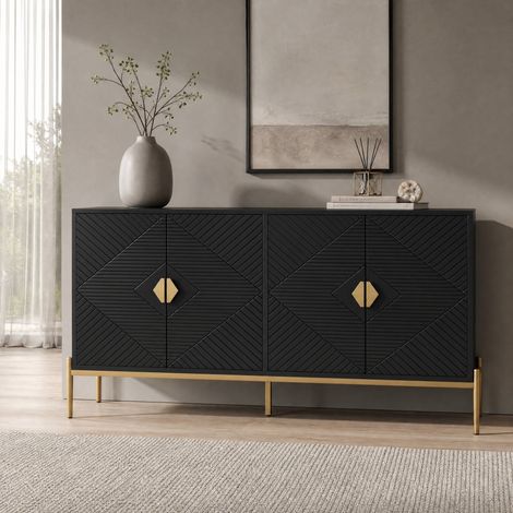 Aparador moderno (162x40x80 cm), diseño geométrico, 4 puertas, patas metálicas, MDF y tablero de partículas, negro (1/5)