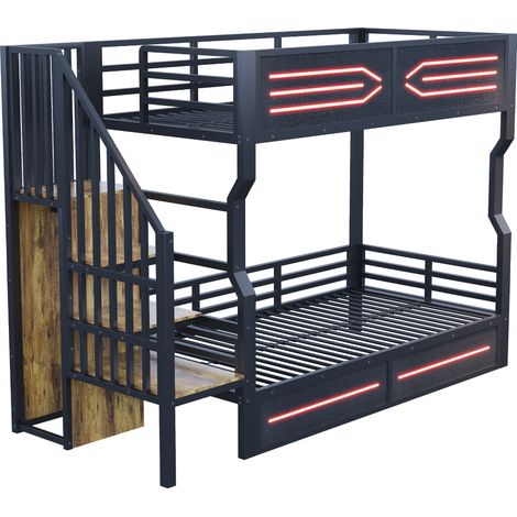 Lit en fer 90 × 200 cm, avec espace de rangement et petit escalier style armoire, éclairage LED, garde-corps haut, lit superposé, lit pour adolescent, lit mezzanine, noir (1/5)