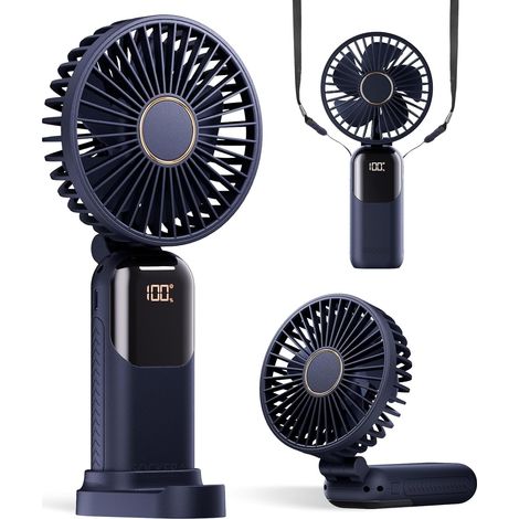 Ventilateur portable, batterie 4200 mAh, 5 vitesses et affichage numérique, pliable à 180°, idéal pour le maquillage (avec base), à porter à la main, autour du cou ou en tour de cou. (1/5)