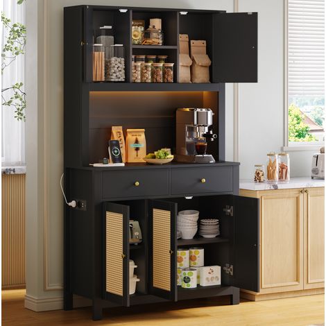 Buffet haut de cuisine noir en MDF avec LED RGB, prises et 2 tiroirs, 100 x 40 x 180 cm (1/5)
