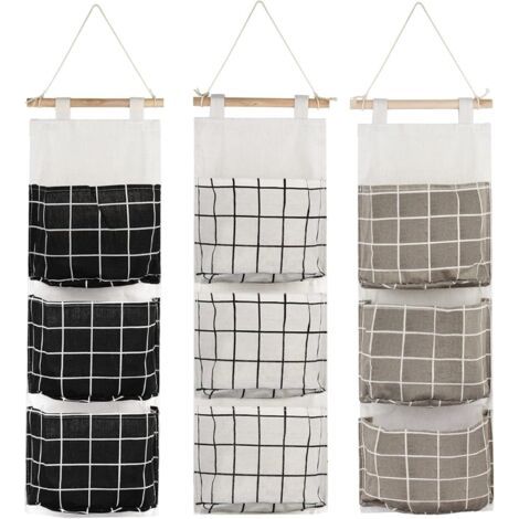 3Pcs Sac de Rangement Suspendu avec 3 Poches Étagère Mural en Tissu Panier Pochette de Rangement Organisateur pour Chambre Salle de Bain Cuisine - Étanche & Élégant (Noir/Gris/Blanc)