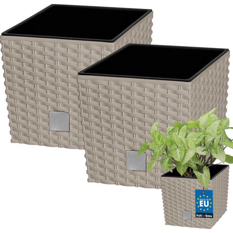 KOTARBAU® Kotarbau® Pot de Fleur Exterieur 17 x 17 cm - avec Insert Intérieur Lot de 2 - Pot Plastique Plante 4 L - Pot de Fleur Carré - Aspect Rotin - Moka (1/5)