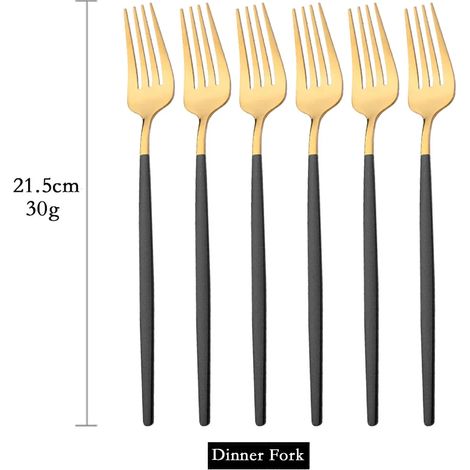 (Noir et or, 6 pièces) Fourchettes de table en acier inoxydable, couverts de cuisine