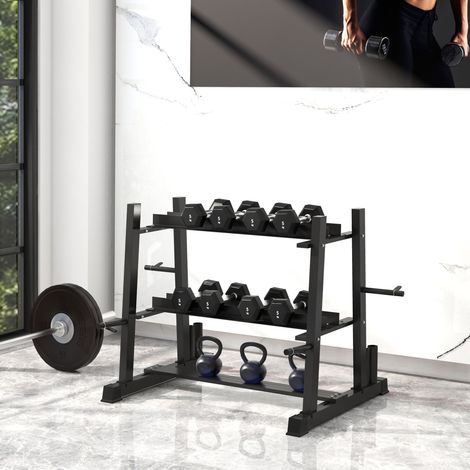 Rastrelliera per manubri a 3 livelli in acciaio nero 131 x 75 x 80 cm, 200 kg, OKWISH (1/5)