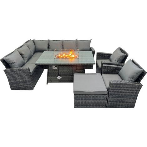 Fimous Poly Rattan Outdoor Patio Gas Firpit Dining Table Corner Sofa Set with Big Stool 2 Chairs for Garden Backyard Dark Grey Mixed (1/5)
