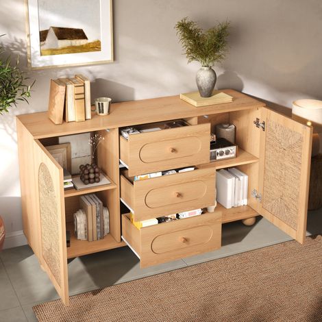 Credenza da soggiorno con 2 ante e 3 cassetti, mobile contenitore strutturato, gambe in pino, 140x40x80 cm, legno naturale (1/5)