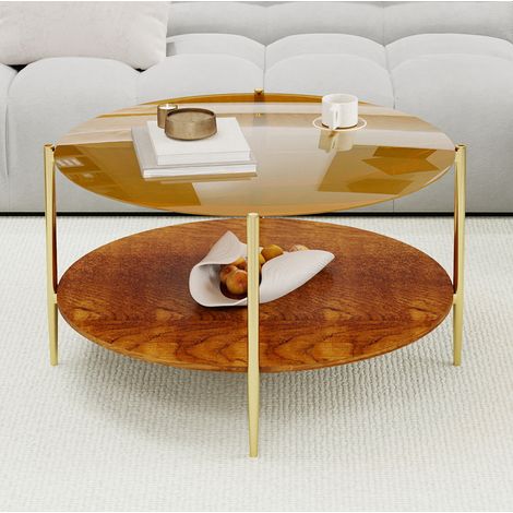 Table basse ronde 82 cm en verre trempé doré avec étagère en bois HAVRYA (1/5)