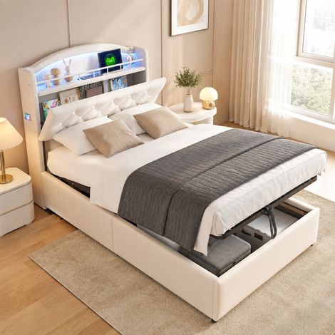 Kinder-Polsterbett 90 x 200 cm mit Stauraum, LED, USB und Samtbezug in Beige (1/5)