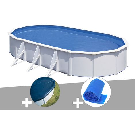 Kit piscine acier blanc Gré Fidji ovale 5,27 x 3,27 x 1,22 m + Bâche hiver + Bâche à bulles