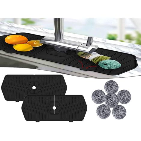 2PCS Silicone Faucet Mat, Silicone Anti-Drip Mat, Faucet Water Catch Mat, Send 6PCS Kitchen Cleaning Balls, for Kitchen Bathroom Sink (Black)