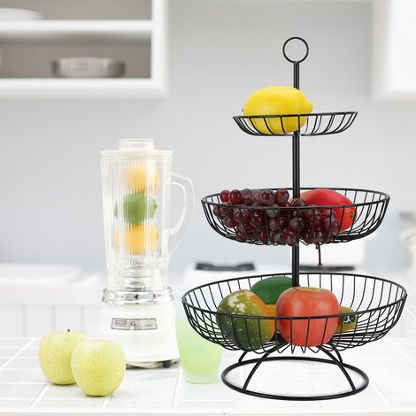 Panier à fruits/panier de rangement pour fruits secs en fer forgé à trois niveaux, de style européen moderne, noir. (1/4)