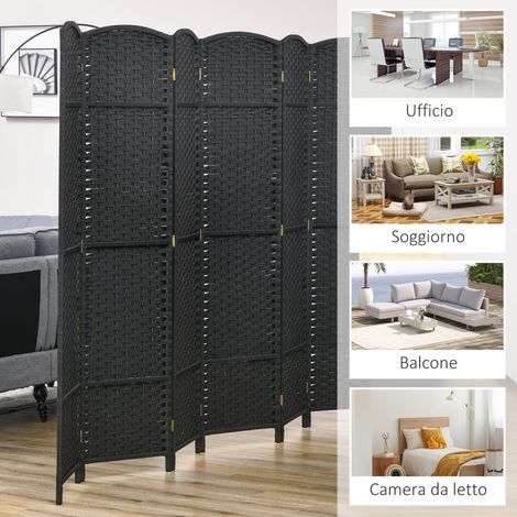 Paravent noir 6 panneaux pliable en osier, 240x170 cm, séparation de pièce intérieure (1/5)