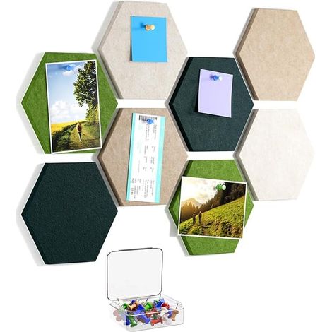Hexagonal Cork Board Sticker - 8 Decorative Felt Wall Panels with Push Pins, Cork Adhesive Board for Photos, Memos and Wall Decoration, Ideal for Office, Home and School (1/5)